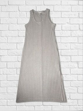 H&M Rib-Knit Sleeveless Midi Dress Beige Oatmeal Scoop Neck Side Slit Neutral M